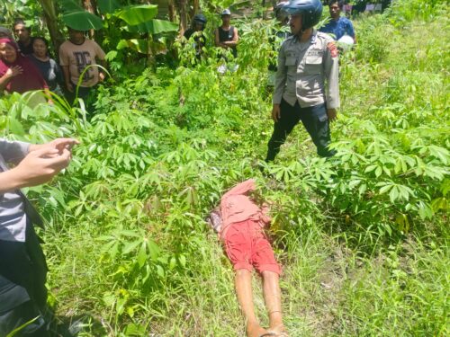 Warga dan polisi berada di sekitar lokasi penemuan jenazah Samina Karim di Desa Hidayat, Halmahera Selatan.
