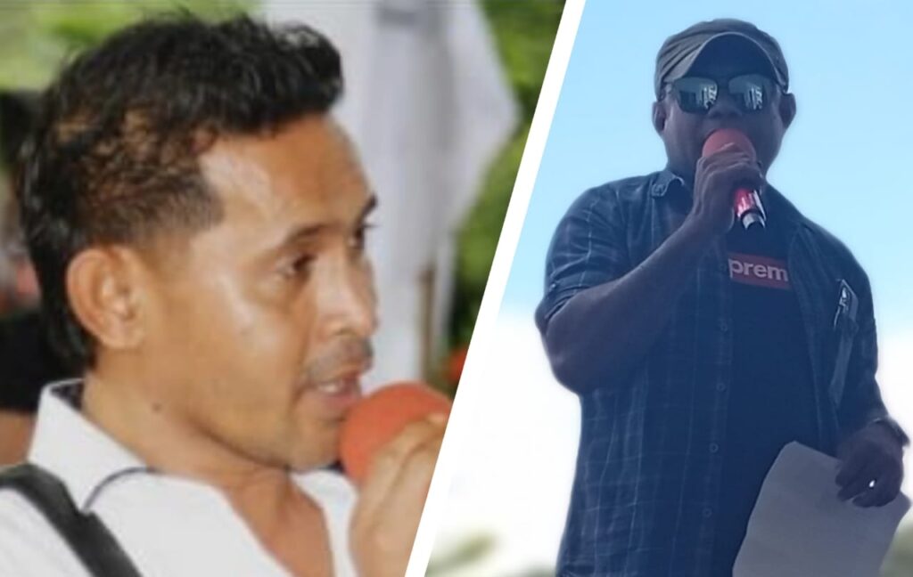 Safri Nyong dan Ady Ngelo berorasi dalam aksi demonstrasi di depan DPRD Halmahera Selatan menolak pelantikan empat kepala desa oleh Bupati.